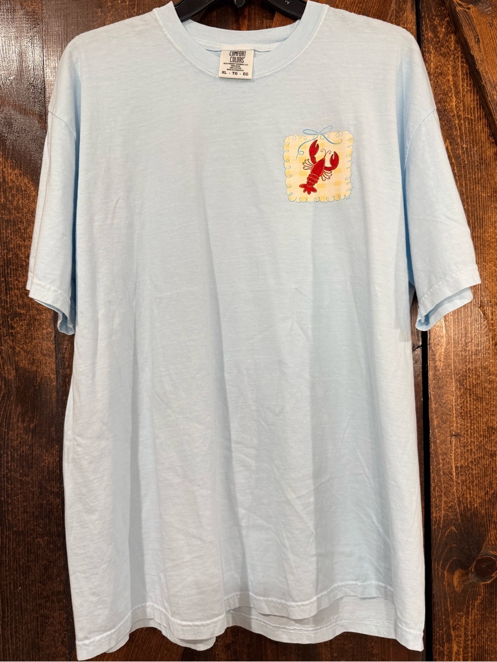 Comfort Colors Light Blue Short Sleeve Tee with Red Crawfish Pocket Art